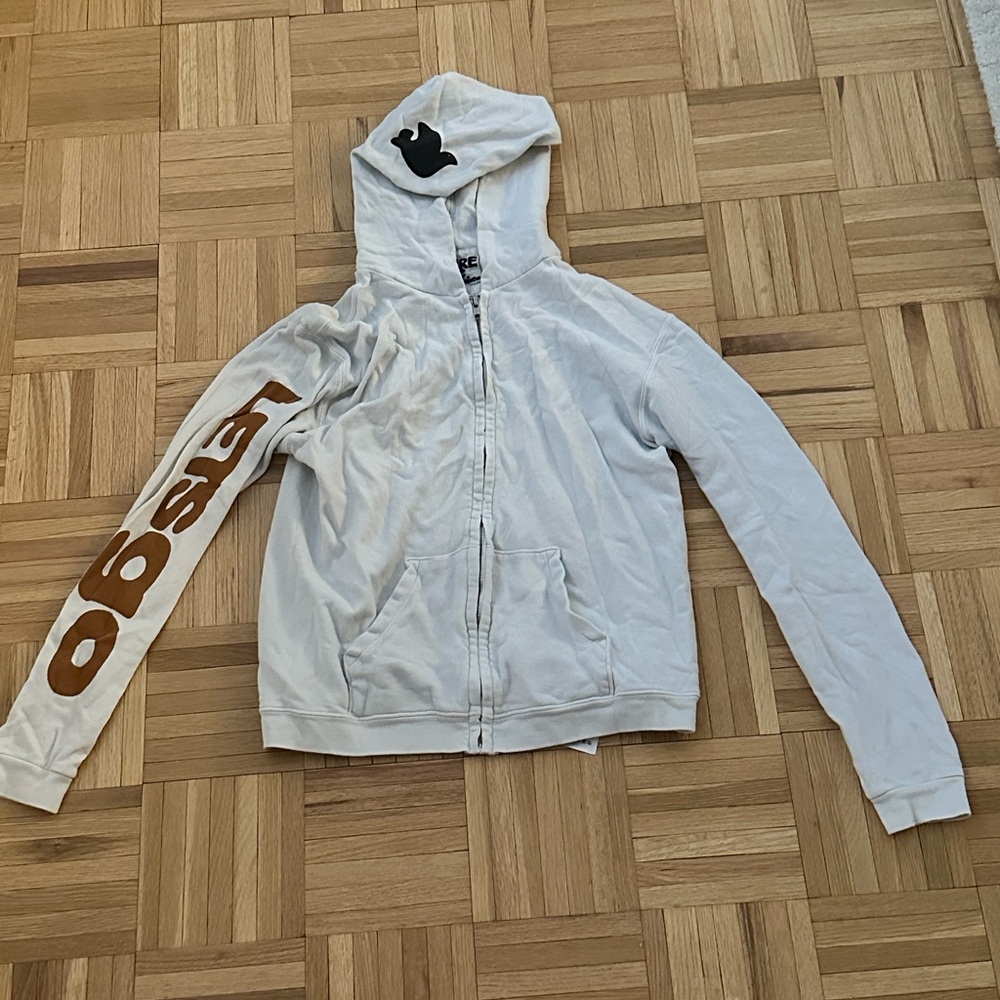 freecity White Zip-Up Hoodie with Brown Sleeve Logo